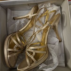 Strappy open toe gold heels